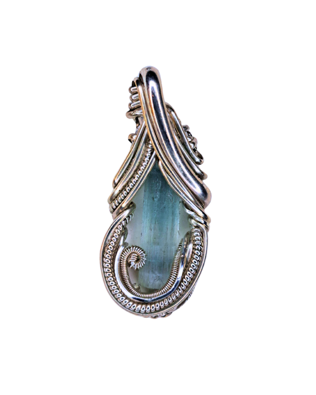 Wire-wrapped pendant with a raw pale blue aquamarine crystal set in intricately coiled sterling silver